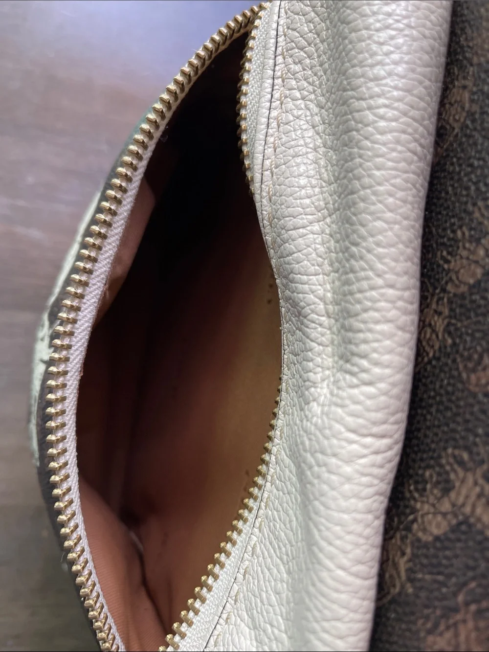 Coach Brown Monogram Backpack with Cream Front Pocket and Tan Trim